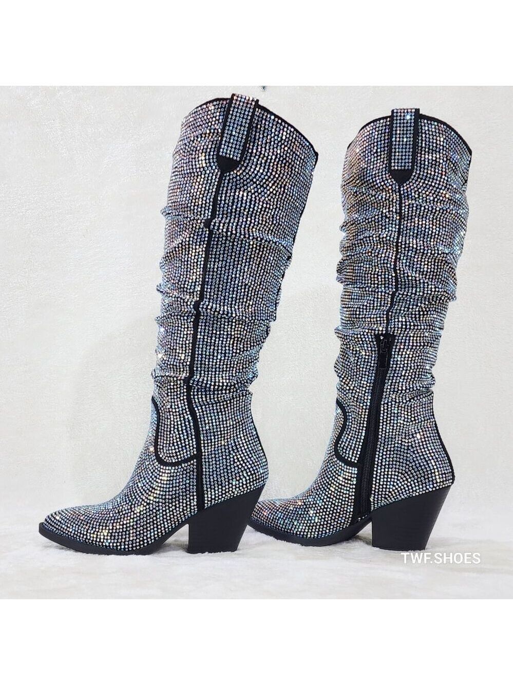Angel Rider Iridescent Rhinestones Glam Western Cowgirl Slouch Knee Boots New